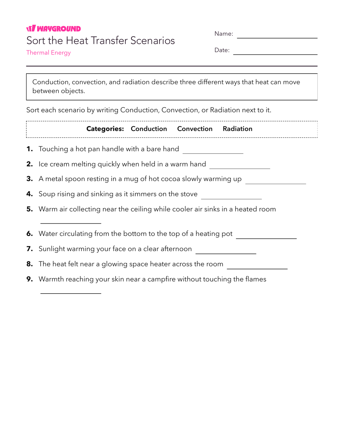 Sort the Heat Transfer Scenarios - Printable Năng-lượng Phiếu-bài-tập Lớp 6 - Quizizz