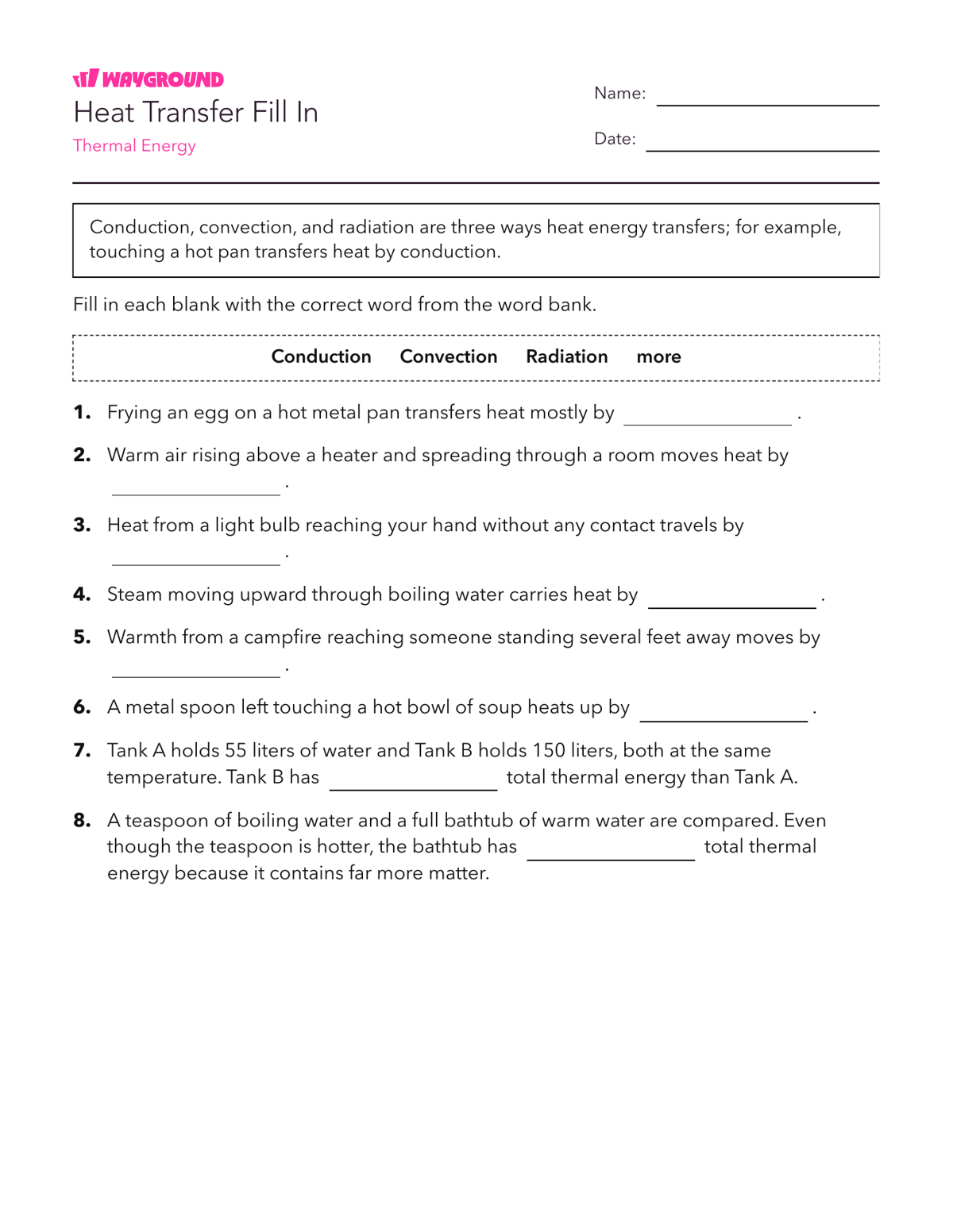 Heat Transfer Fill In - Printable Năng-lượng Phiếu-bài-tập Lớp 6 - Quizizz