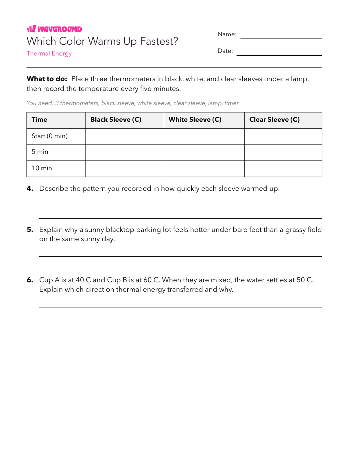 Which Color Warms Up Fastest? - Printable Năng-lượng Phiếu-bài-tập Lớp 6 - Quizizz