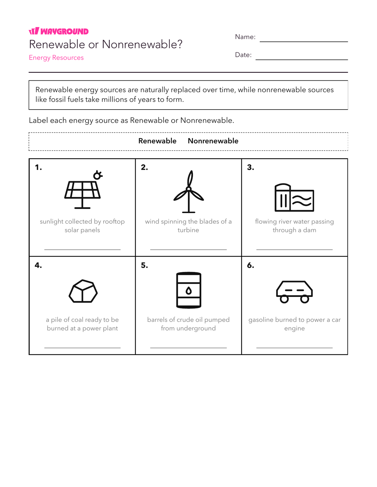 Renewable or Nonrenewable? - Printable Năng-lượng Phiếu-bài-tập Lớp 6 - Quizizz