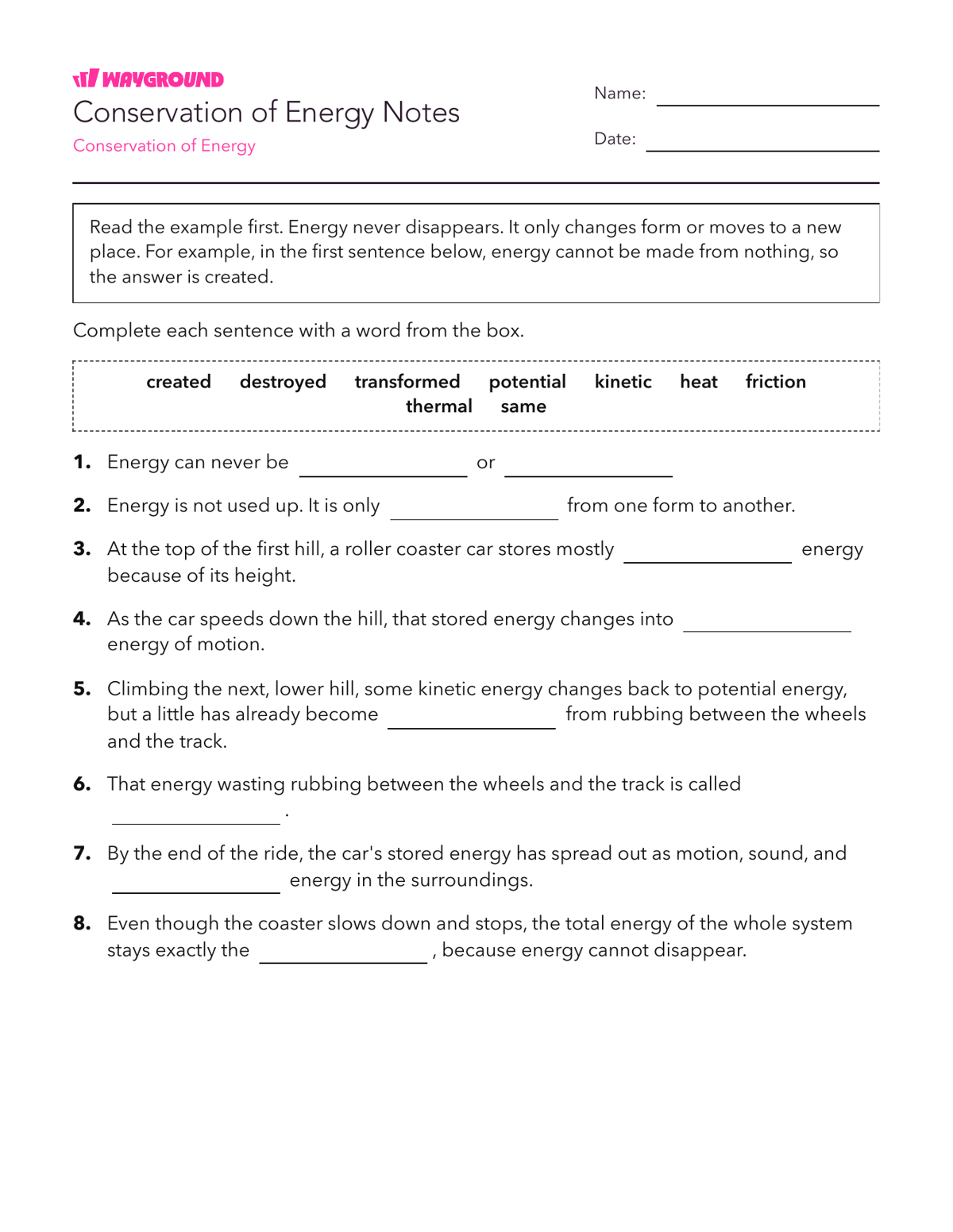 Conservation of Energy Notes - Có thể in Năng-lượng Phiếu-bài-tập Lớp 7 - Quizizz