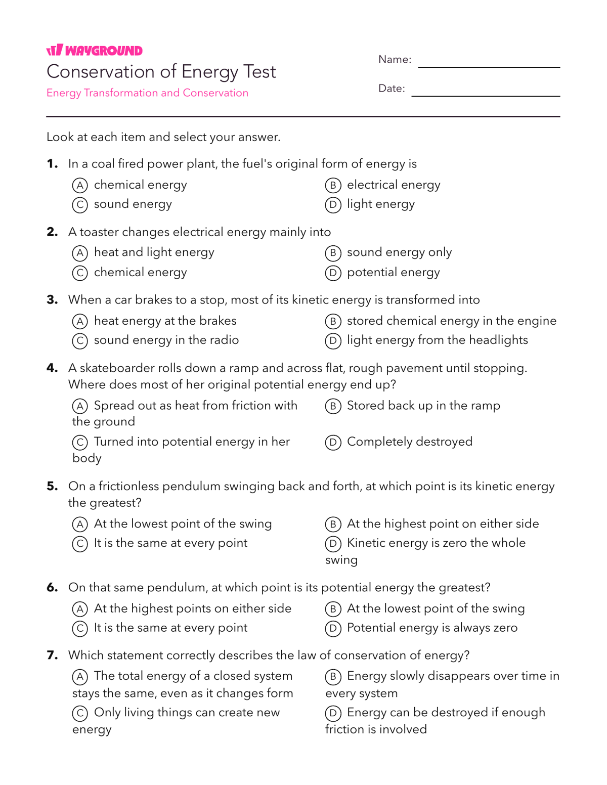Conservation of Energy Test - Có thể in Năng-lượng Phiếu-bài-tập Lớp 7 - Quizizz