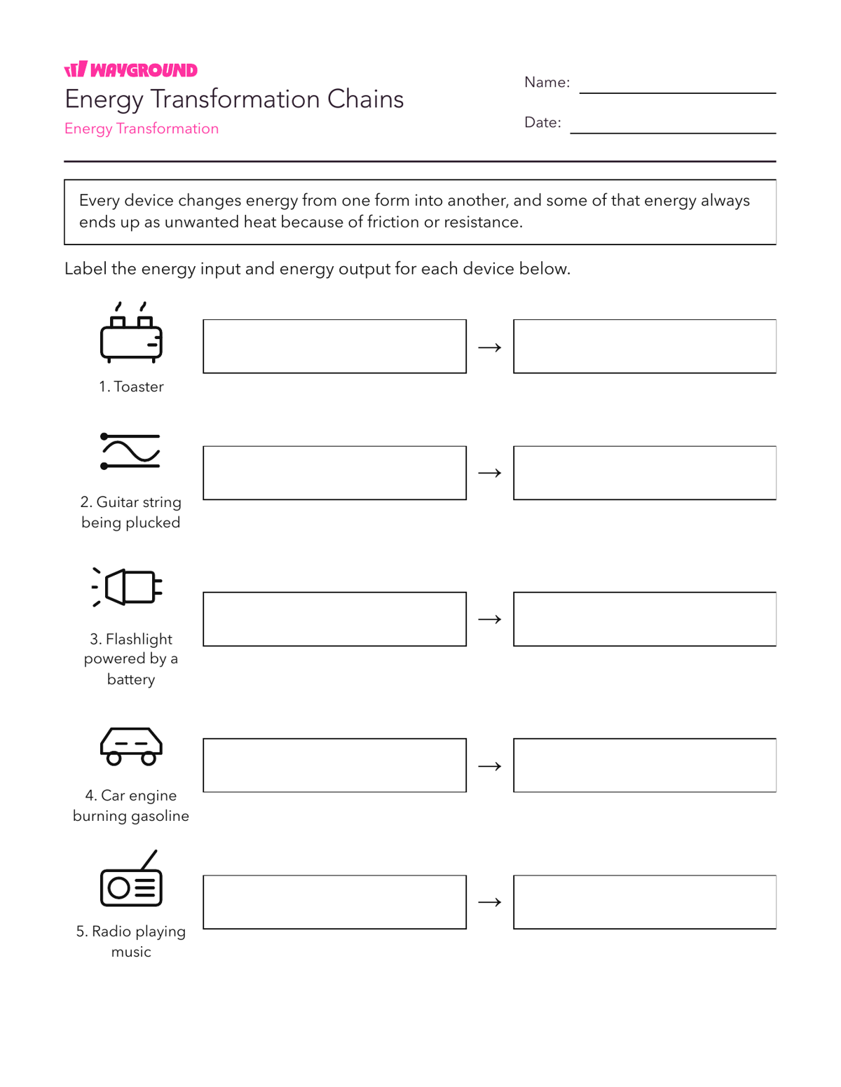 Energy Transformation Chains - Có thể in Năng-lượng Phiếu-bài-tập Lớp 8 - Quizizz