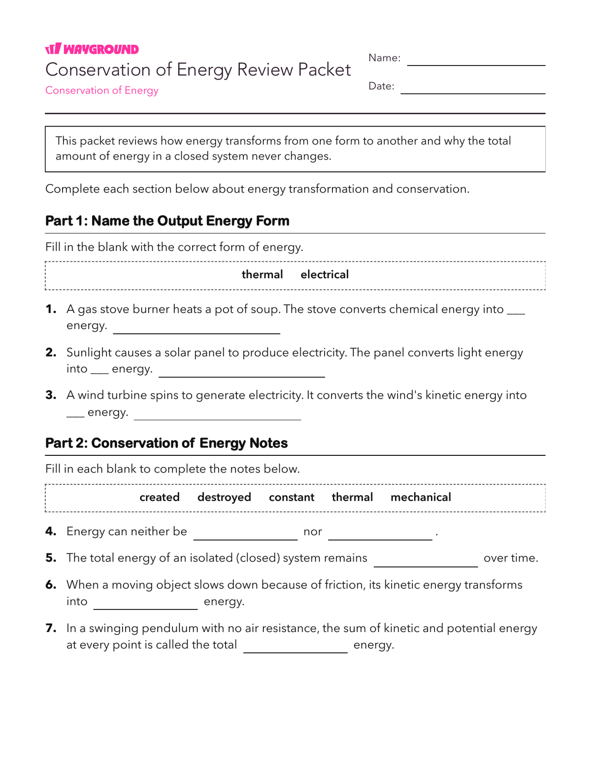 Conservation of Energy Review Packet - Có thể in Năng-lượng Phiếu-bài-tập Lớp 8 - Quizizz