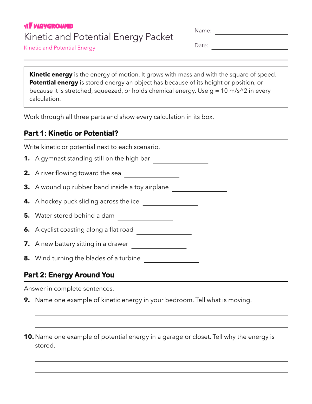 Kinetic and Potential Energy Packet - Có thể in Năng-lượng Phiếu-bài-tập Lớp 8 - Quizizz