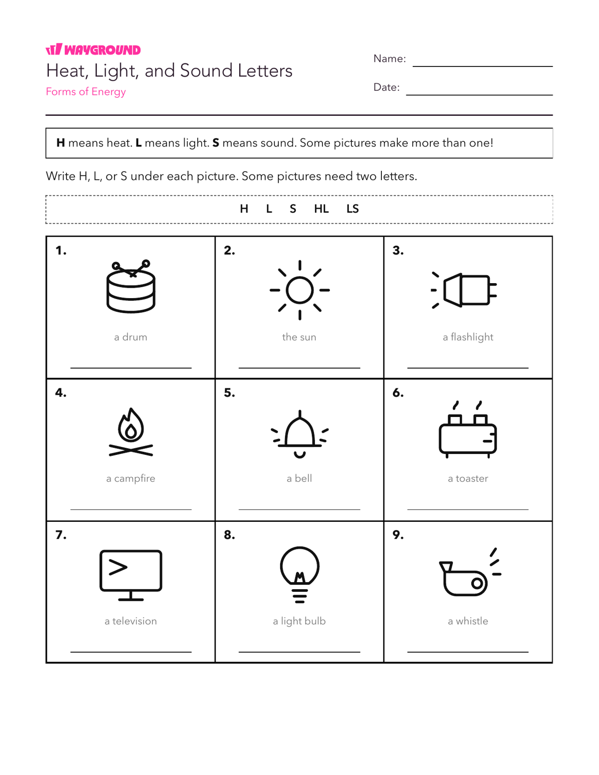Heat, Light, and Sound Letters - พิมพ์ได้ พลังงาน เวิร์กชีท โรงเรียนอนุบาล - Wayground