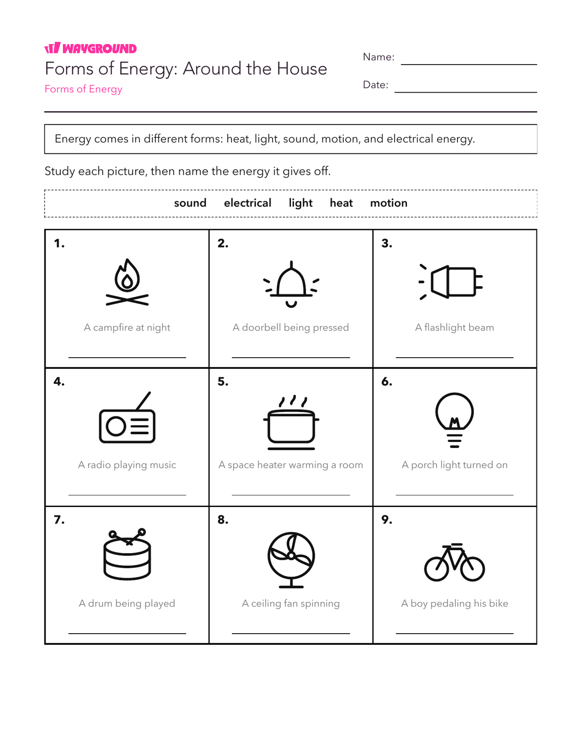 Forms of Energy: Around the House - พิมพ์ได้ พลังงาน เวิร์กชีท - Wayground