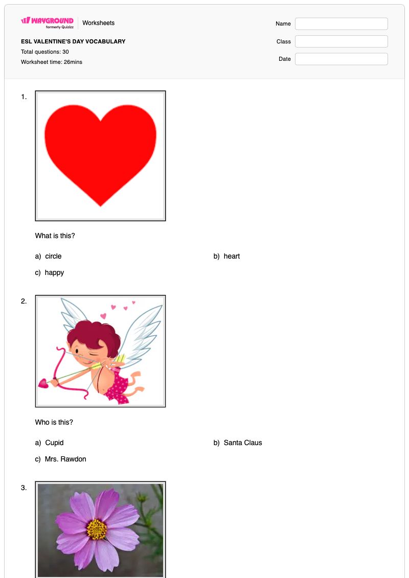ESL VALENTINE'S DAY VOCABULARY - Imprimível Foreign-language Fichas-de-trabalho Série 9 - Wayground