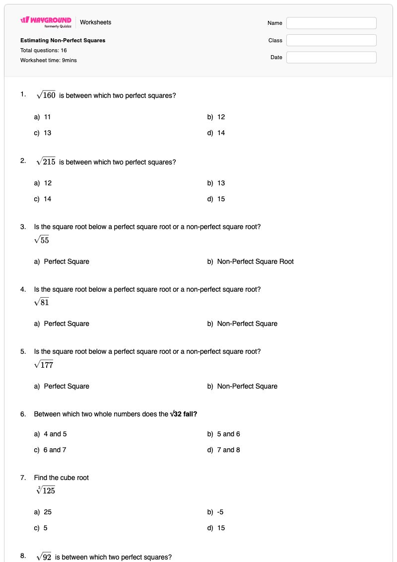 Estimating Non-Perfect Squares - พิมพ์ได้ วิธีตารางเพียร์สัน เวิร์กชีท ระดับ 8 - Wayground