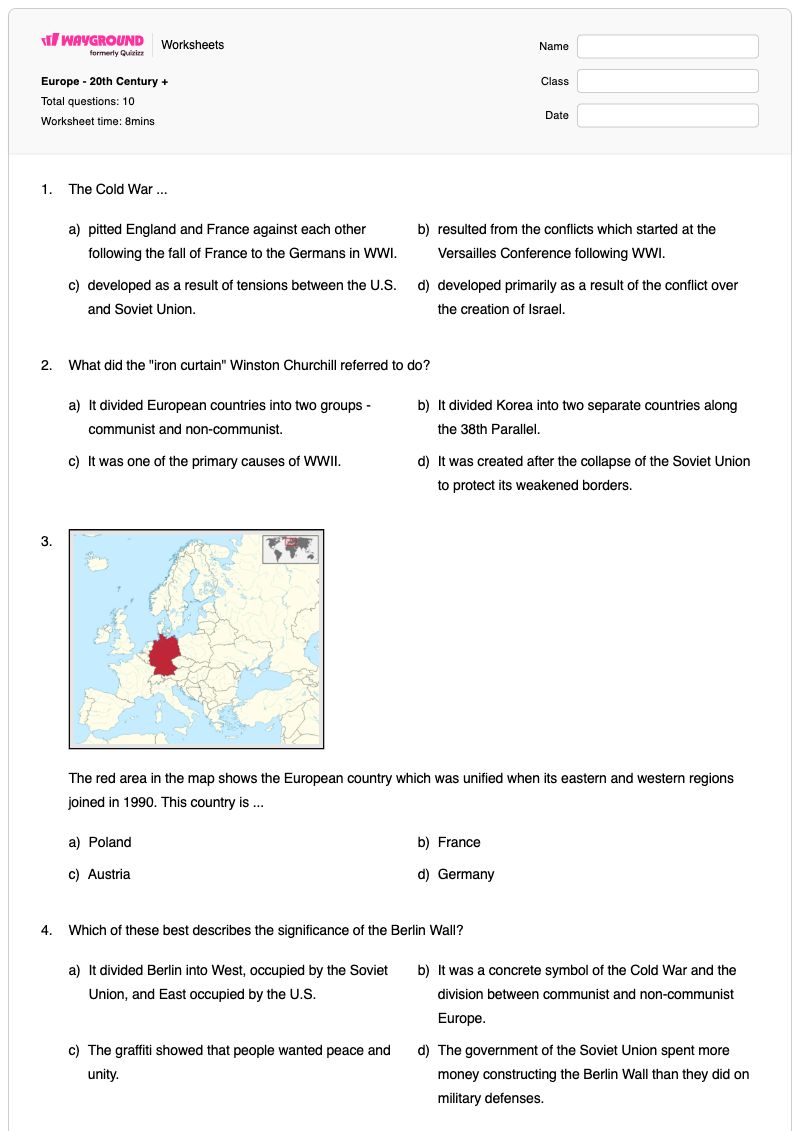 Europe - 20th Century + - Printable Post-war-europe Worksheets Class 6 - Wayground