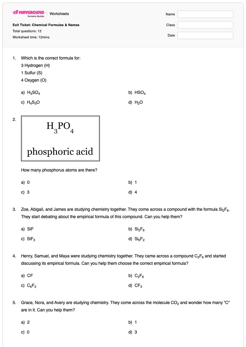 Exit Ticket: Chemical Formulas & Names - พิมพ์ได้ ชื่อและสูตรทางเคมี เวิร์กชีท ระดับ 10 - Wayground