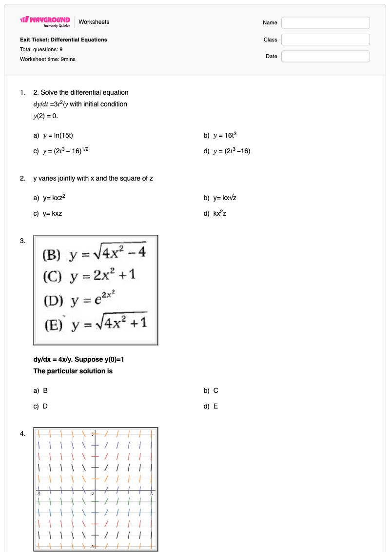 Exit Ticket: Differential Equations - พิมพ์ได้ สมการเชิงอนุพันธ์ เวิร์กชีท ระดับ 12 - Wayground