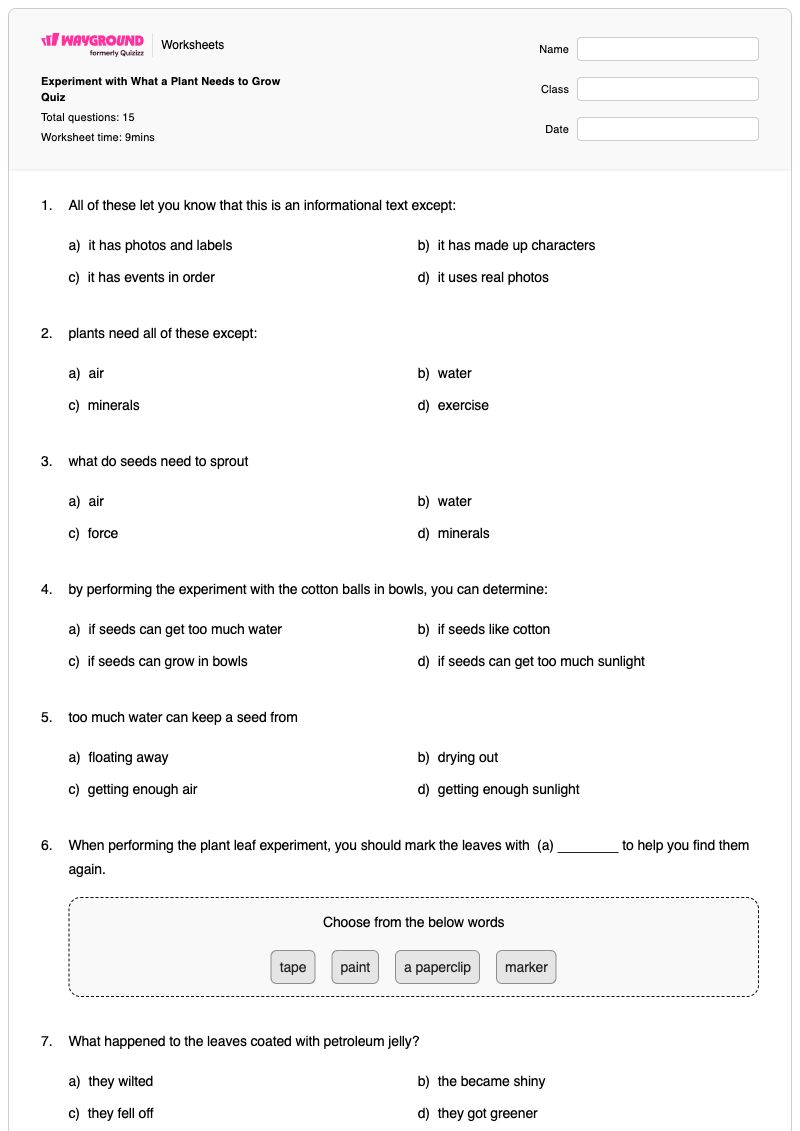 Experiment with What a Plant Needs to Grow Quiz - พิมพ์ได้ ความต้องการของพืช เวิร์กชีท - Wayground