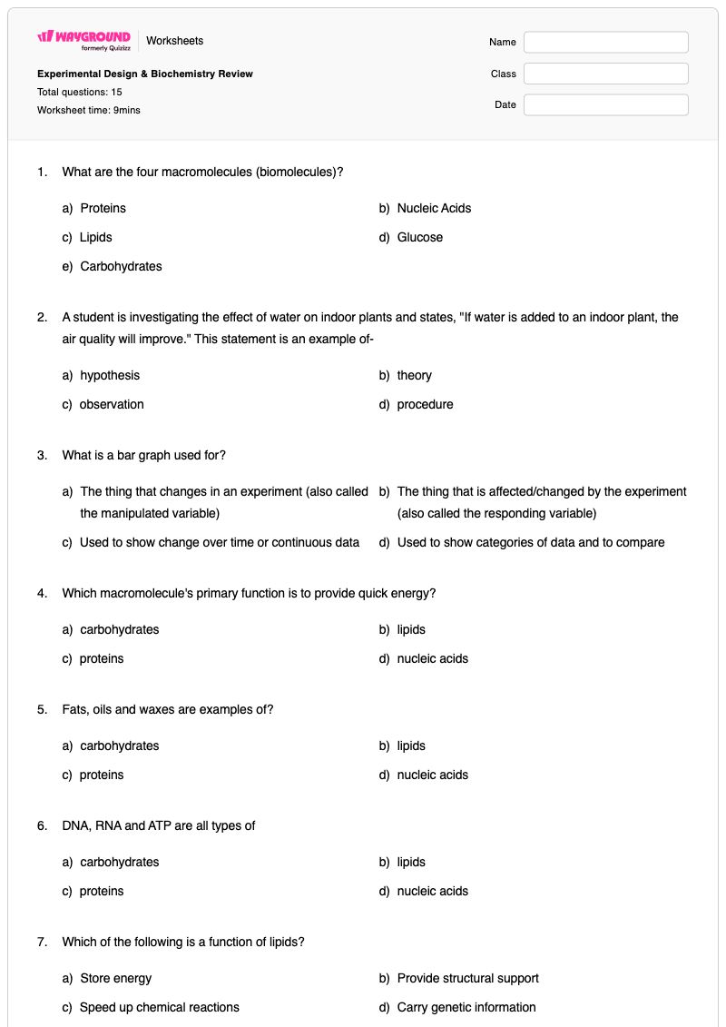 Experimental Design & Biochemistry Review - พิมพ์ได้ การออกแบบการทดลอง เวิร์กชีท ระดับ 10 - Wayground