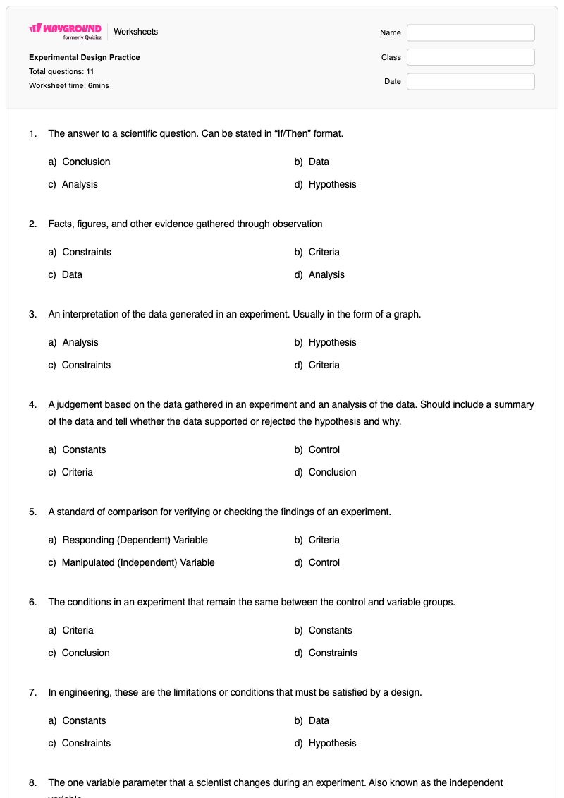 Experimental Design Practice - พิมพ์ได้ Experimental-design เวิร์กชีท ระดับ 8 - Wayground