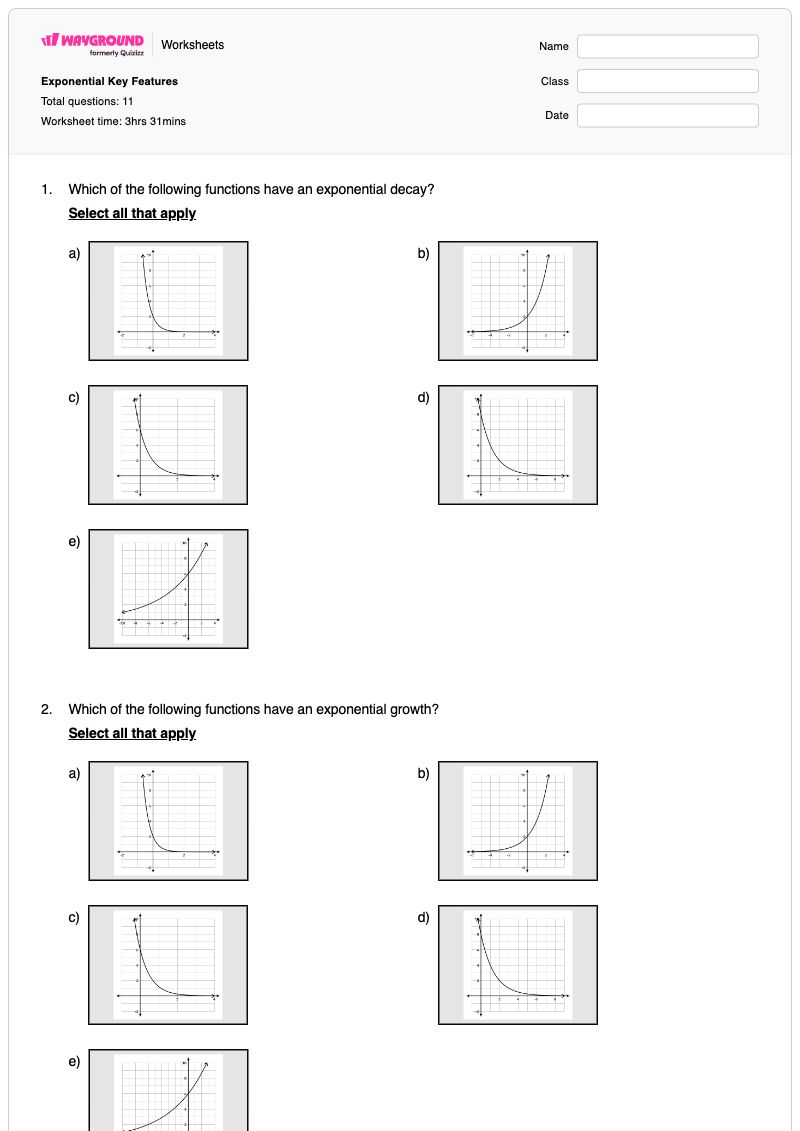 Exponential Key Features - Printable Characteristics-of-graphs Worksheets Class 9 - Wayground