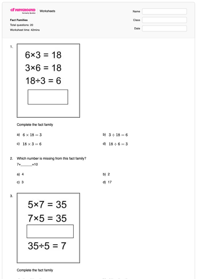 Fact Families  - Printable Fact-families Worksheets Kindergarten - Wayground