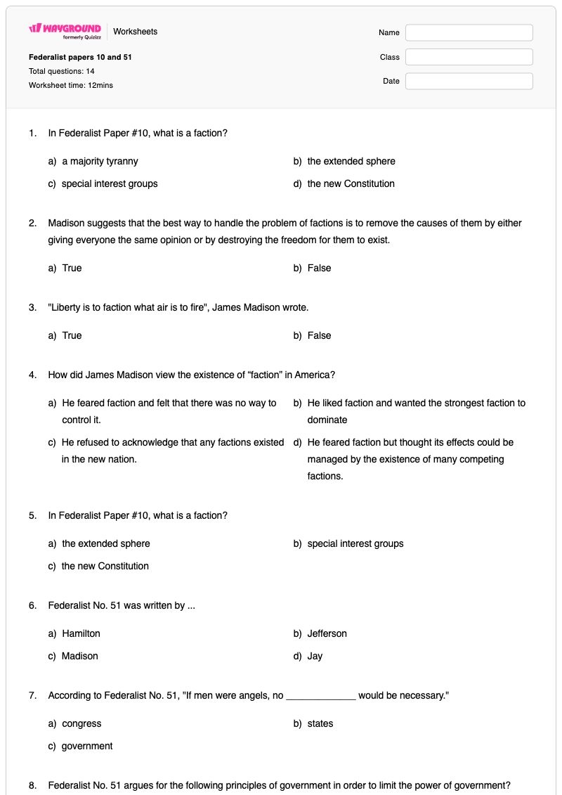 Federalist papers 10 and 51 - พิมพ์ได้ เอกสารของรัฐบาลกลาง เวิร์กชีท ระดับ 12 - Wayground