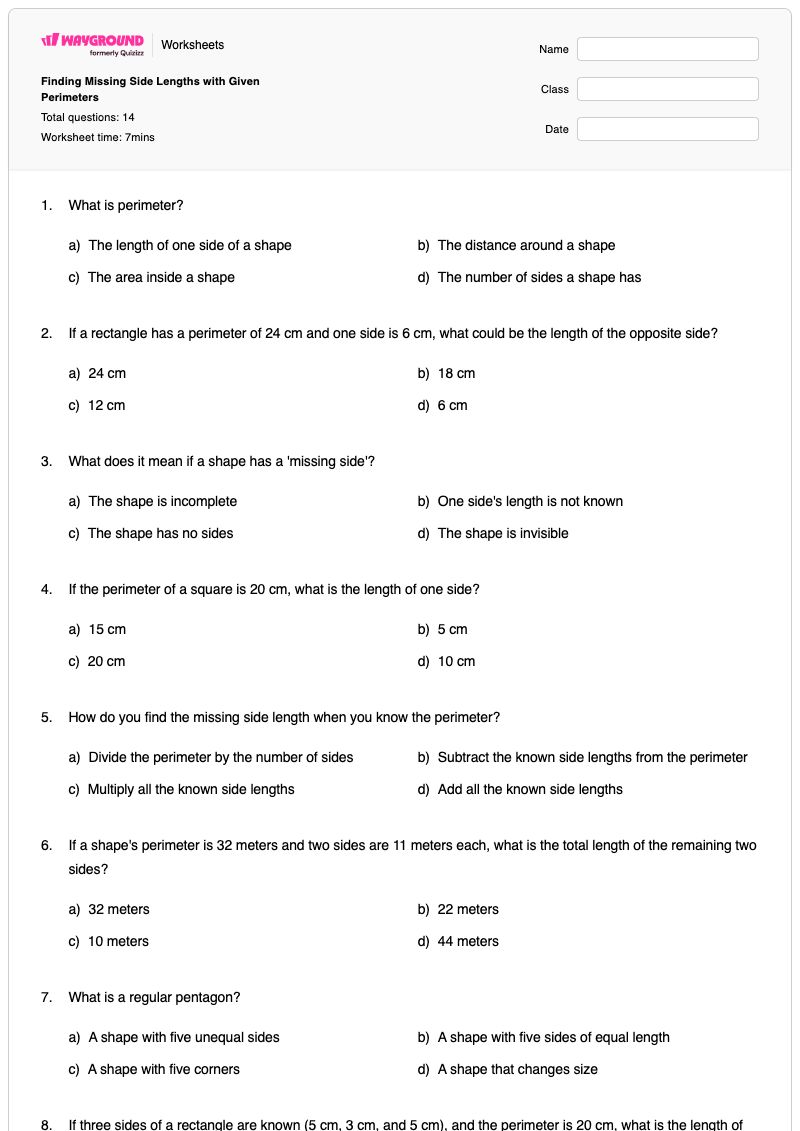 Finding Missing Side Lengths with Given Perimeters - พิมพ์ได้ Units-of-length เวิร์กชีท ระดับ 3 - Wayground