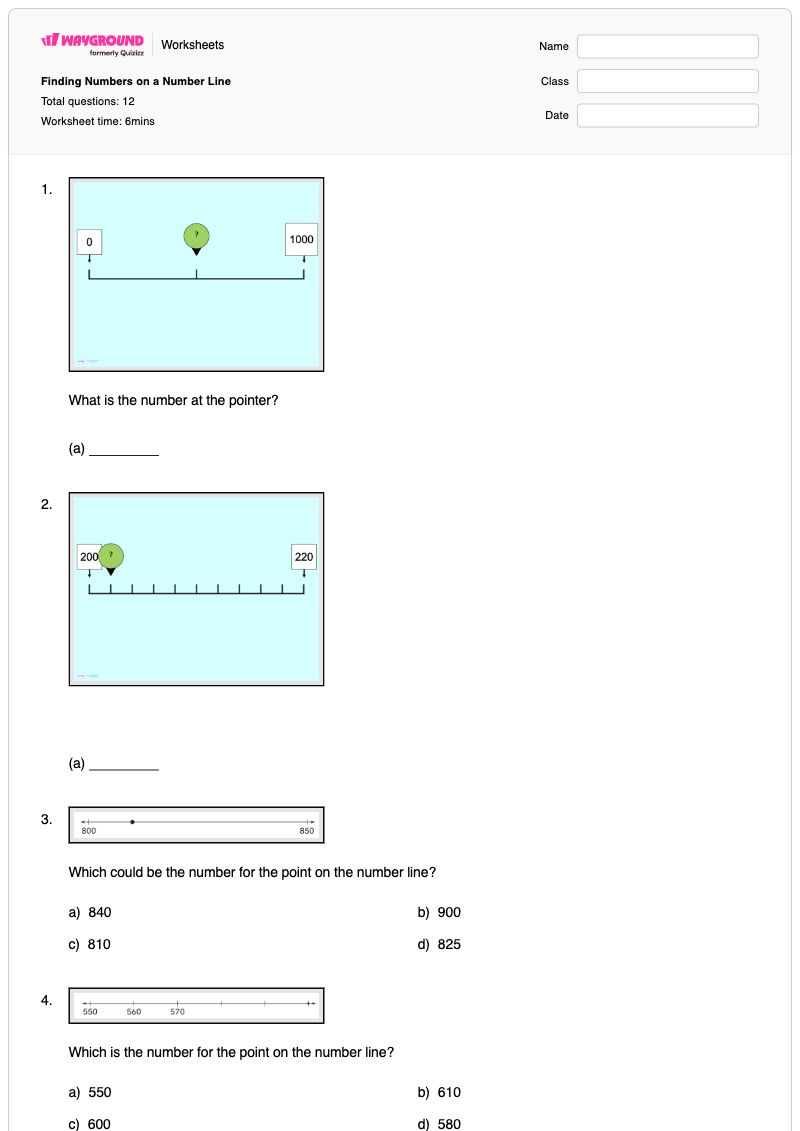 Finding Numbers on a Number Line - พิมพ์ได้ การหาตัวเลขที่หายไปบนเส้นจำนวน เวิร์กชีท ระดับ 2 - Wayground