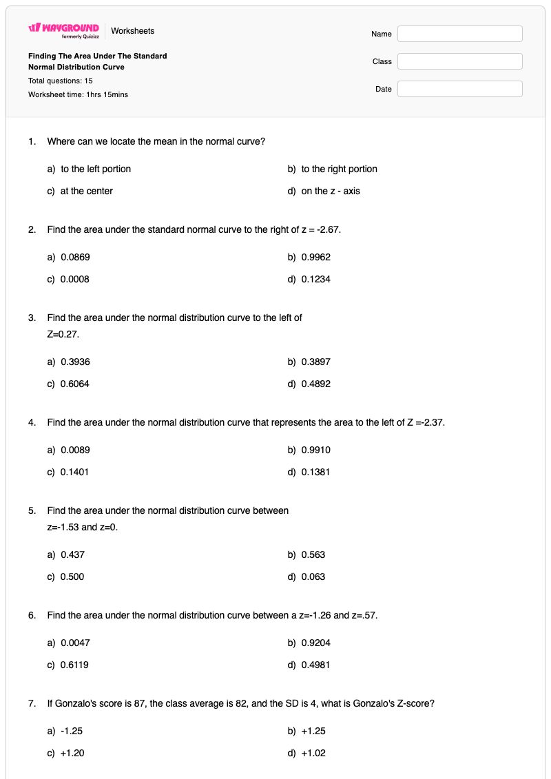 Finding The Area Under The Standard Normal Distribution Curve  - พิมพ์ได้ การกระจายแบบปกติ เวิร์กชีท ระดับ 9 - Wayground