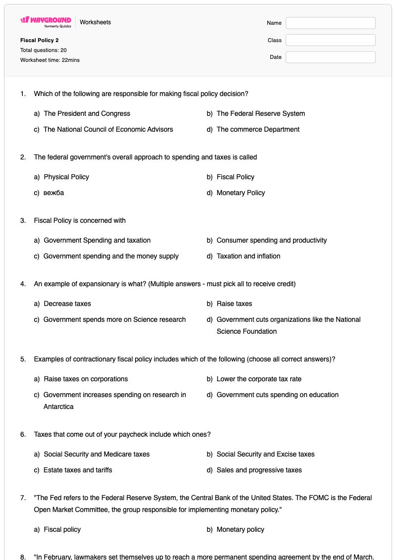 Fiscal Policy 2 - Printable Fiscal-policy Worksheets Year 12 - Wayground