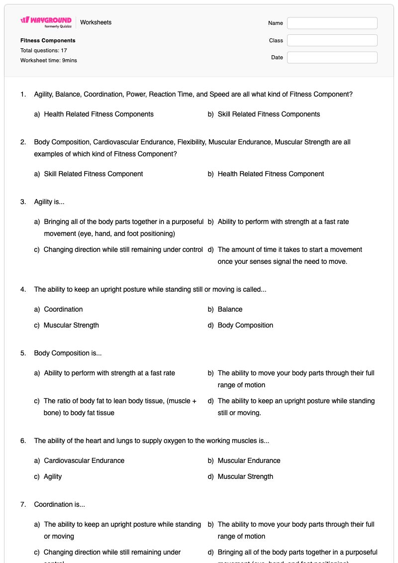 Fitness Components - พิมพ์ได้ Body-composition เวิร์กชีท ระดับ 8 - Wayground