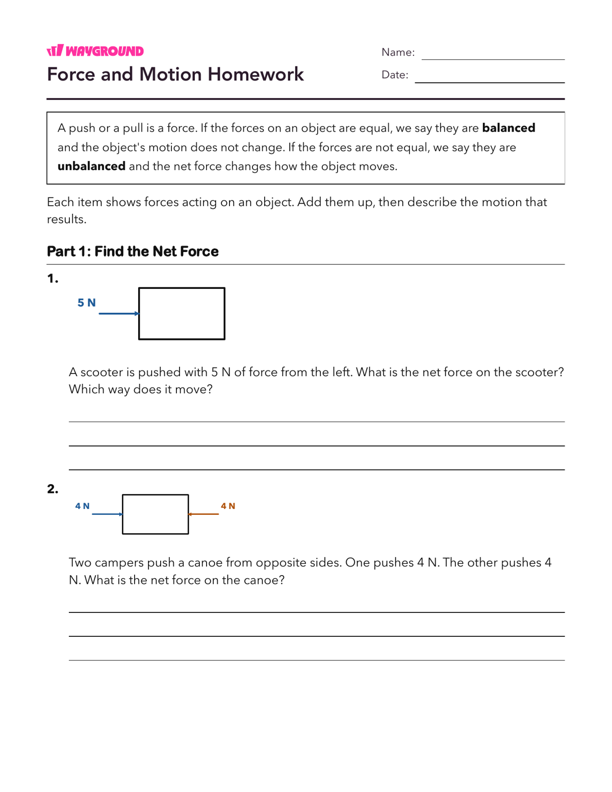 Force and Motion Homework - Nadający się do druku Siły-i-ruch Karty-pracy Klasa 3 - Wayground