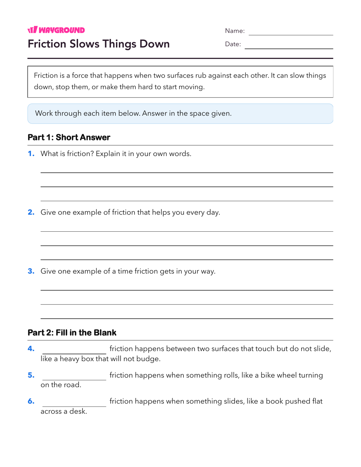 Friction Slows Things Down - Printable Forces-and-motion Worksheets Class 4 - Wayground