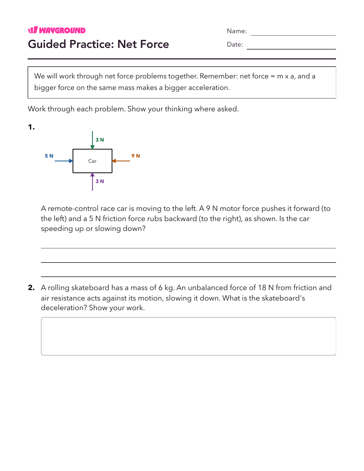 Guided Practice: Net Force - Printable Forces-and-motion Worksheets Class 5 - Wayground