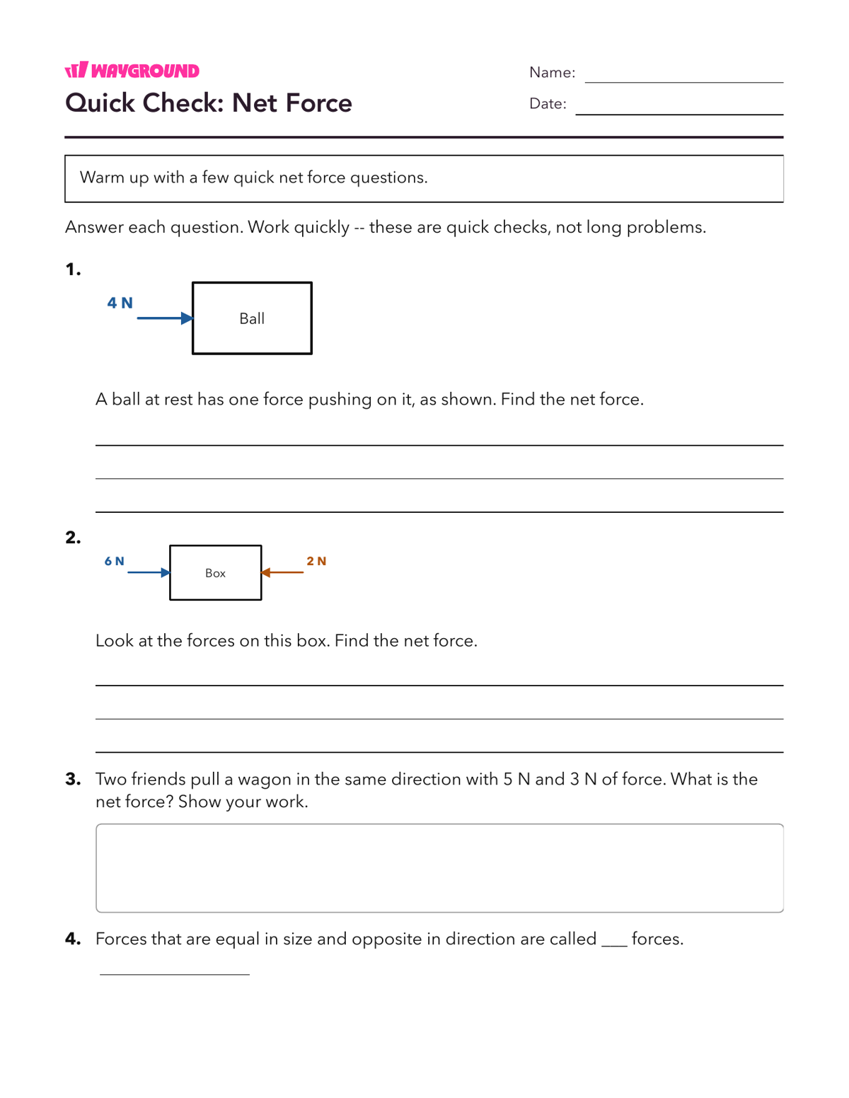Quick Check: Net Force - Printable Forces-and-motion Worksheets Class 5 - Wayground