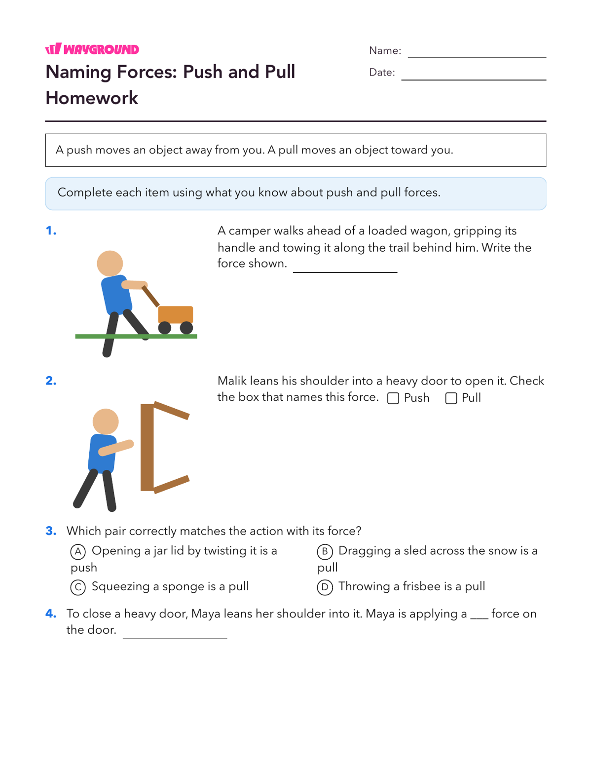 Naming Forces: Push and Pull Homework - Printable Forces-and-motion Worksheets Class 5 - Wayground