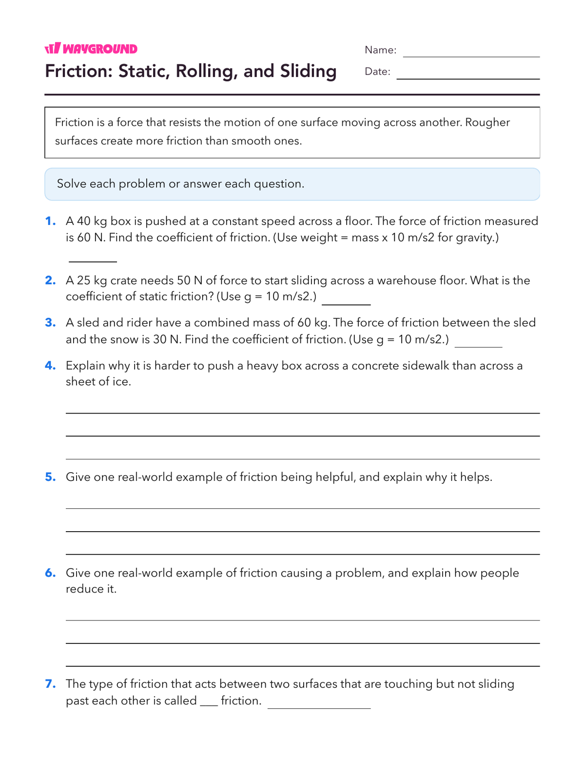 Friction: Static, Rolling, and Sliding - Printable Forces-and-motion Worksheets Class 5 - Wayground