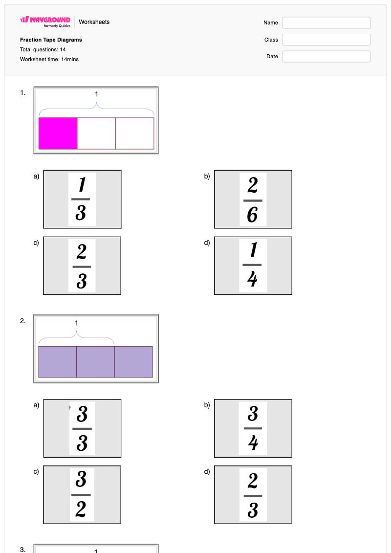 Fraction Tape Diagrams - พิมพ์ได้ แผนภาพเทป เวิร์กชีท ระดับ 4 - Wayground