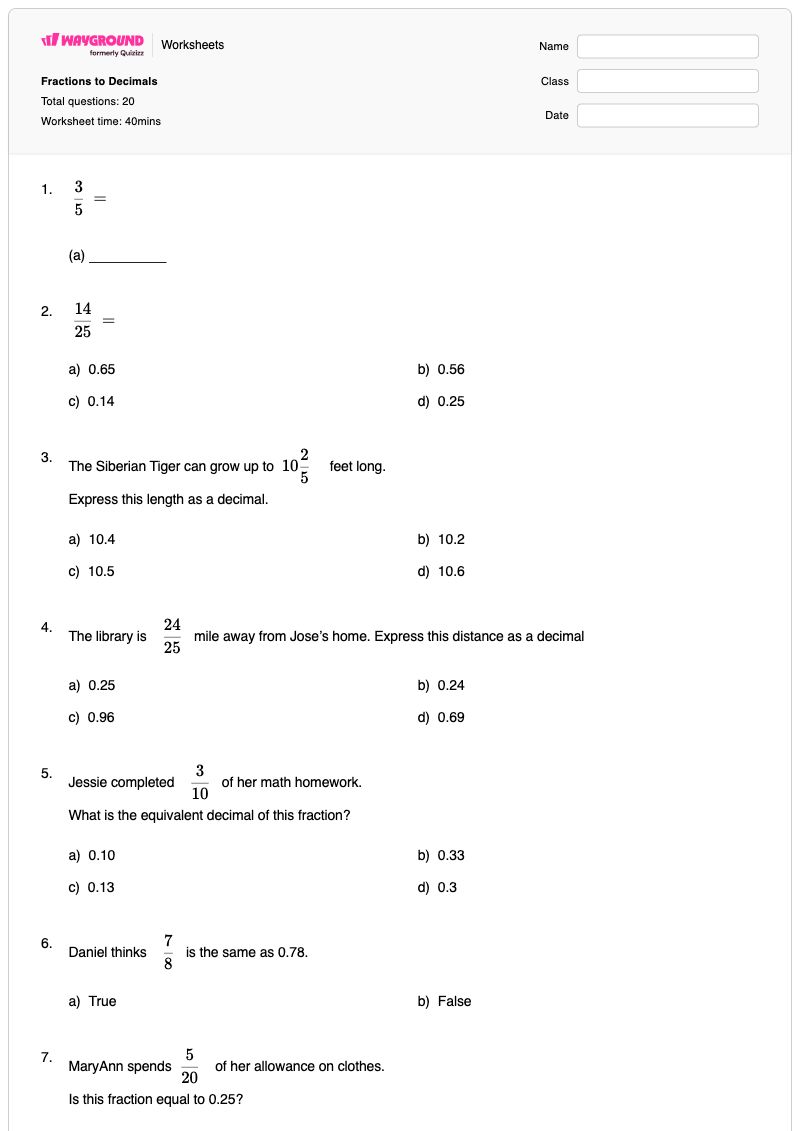 Fractions to Decimals - Printable Convert-degrees-minutes-and-seconds-to-decimal Worksheets Class 6 - Wayground