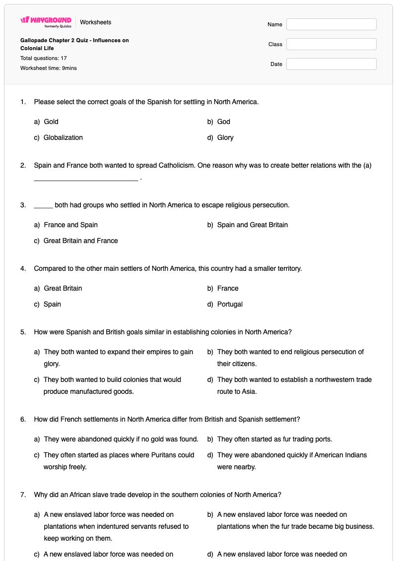 Gallopade Chapter 2 Quiz - Influences on Colonial Life - Printable European-colonization-of-the-americas Worksheets Year 8 - Wayground