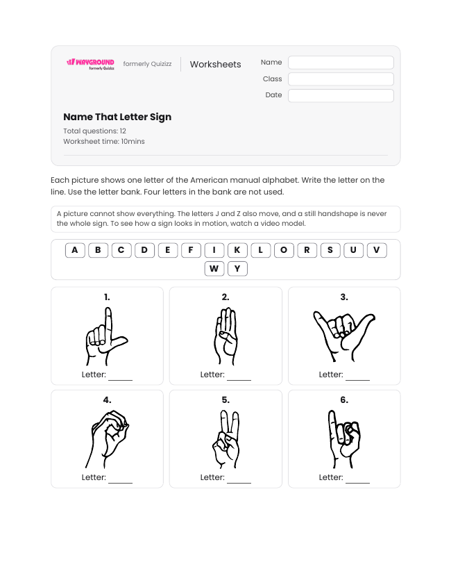 Name That Letter Sign - Imprimible American-sign-language-(asl) Hojas-de-trabajo - Wayground