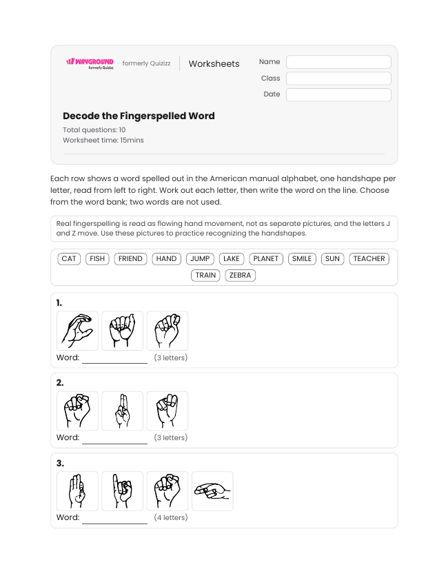 Decode the Fingerspelled Word - Imprimible American-sign-language-(asl) Hojas-de-trabajo - Wayground
