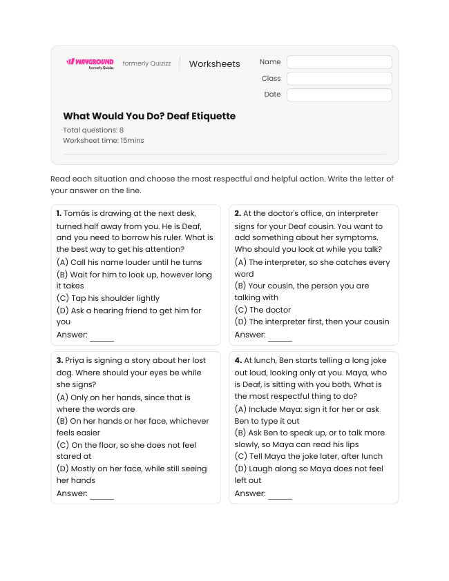 What Would You Do? Deaf Etiquette - Imprimible American-sign-language-(asl) Hojas-de-trabajo - Wayground