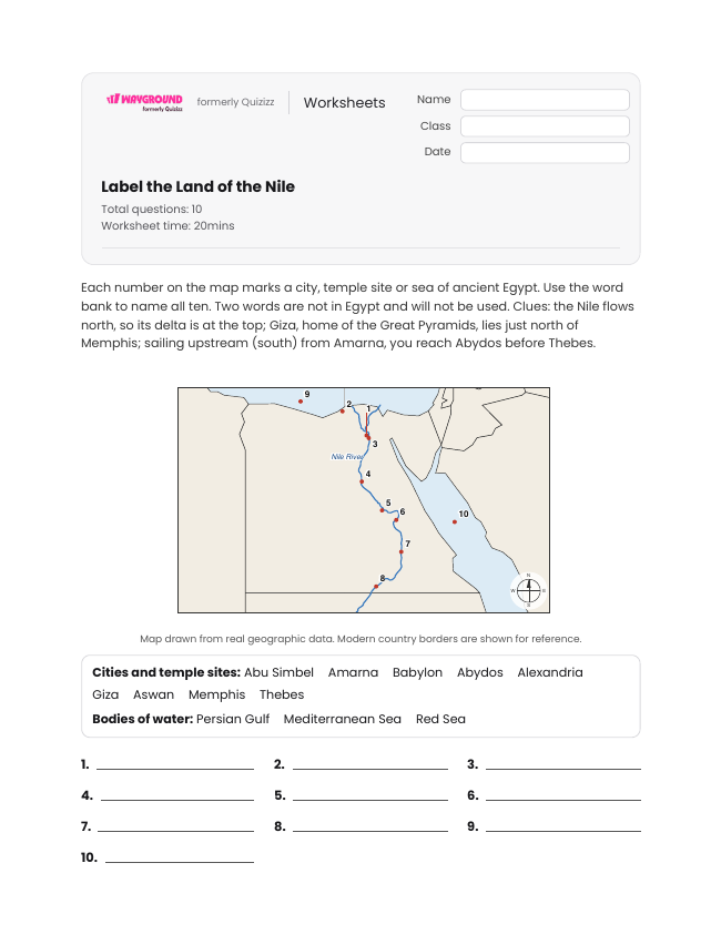 Label the Land of the Nile - Imprimible Antiguo-egipto Hojas-de-trabajo Grado 6 - Wayground