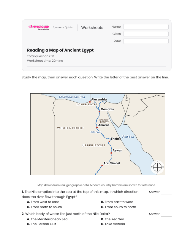 Reading a Map of Ancient Egypt - Imprimible Antiguo-egipto Hojas-de-trabajo Grado 6 - Wayground