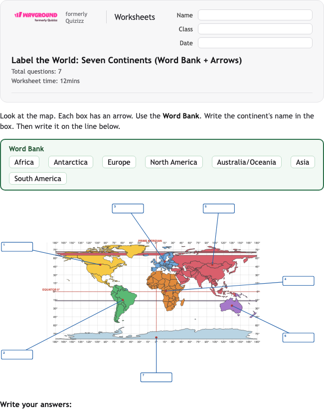 Label the World: Seven Continents (Word Bank + Arrows) - Nadający się do druku Benua Lembar-kerja Kelas 1 - Wayground