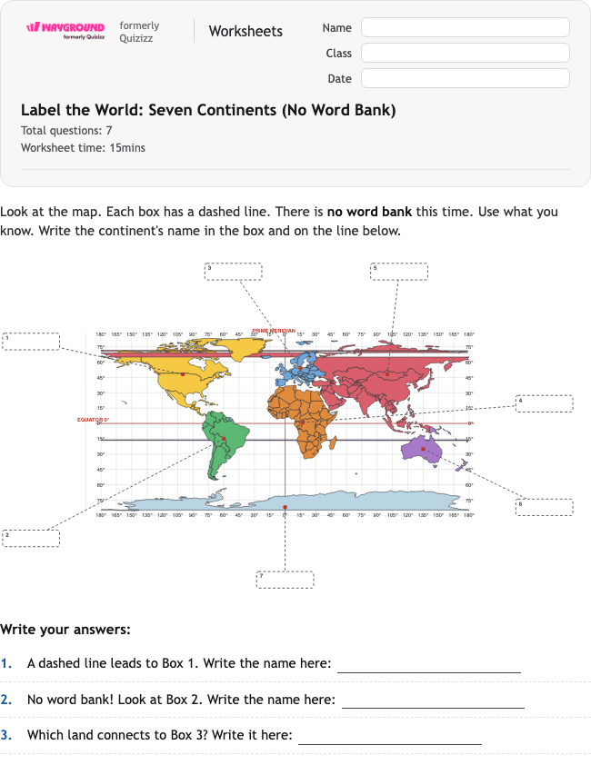Label the World: Seven Continents (No Word Bank) - Nadający się do druku Benua Lembar-kerja Kelas 1 - Wayground