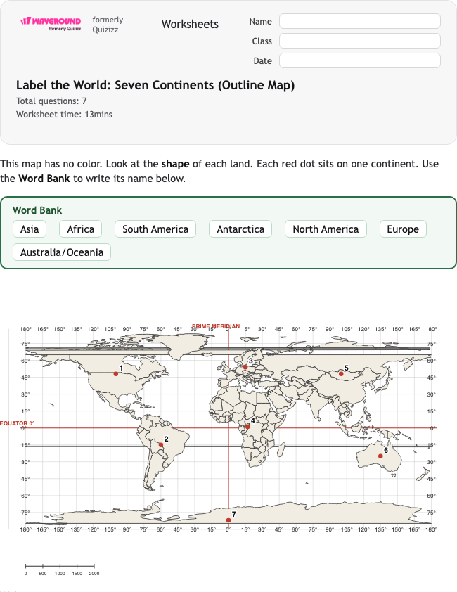 Label the World: Seven Continents (Outline Map) - Nadający się do druku Benua Lembar-kerja Kelas 1 - Wayground