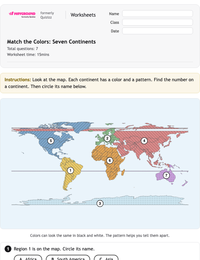 Match the Colors: Seven Continents - Nadający się do druku Benua Lembar-kerja Kelas 1 - Wayground