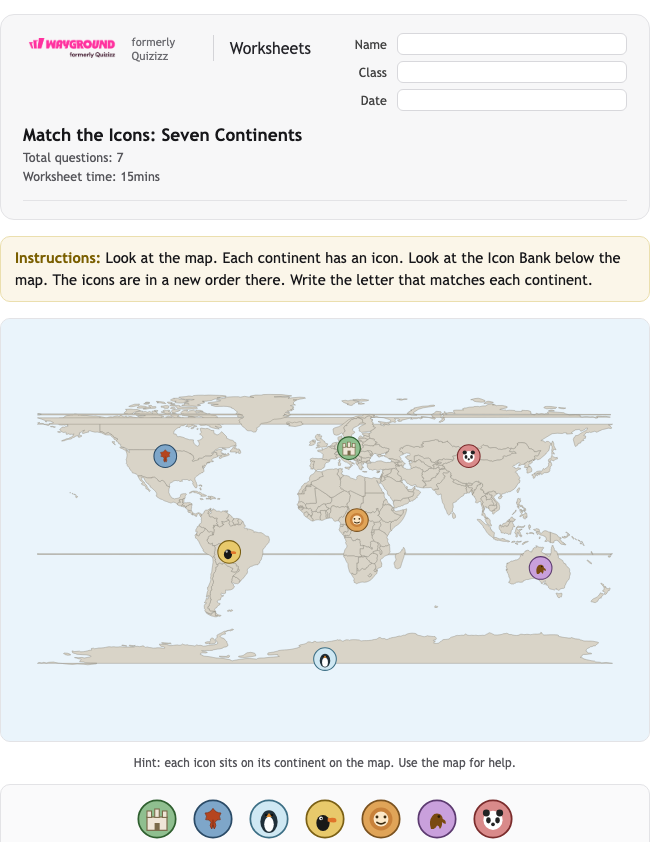 Match the Icons: Seven Continents - Nadający się do druku Benua Lembar-kerja Kelas 1 - Wayground