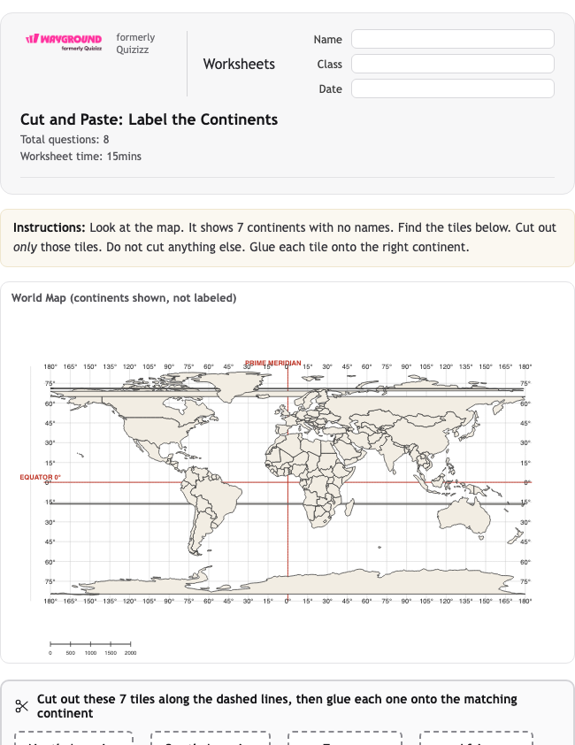 Cut and Paste: Label the Continents - Nadający się do druku Benua Lembar-kerja Kelas 1 - Wayground