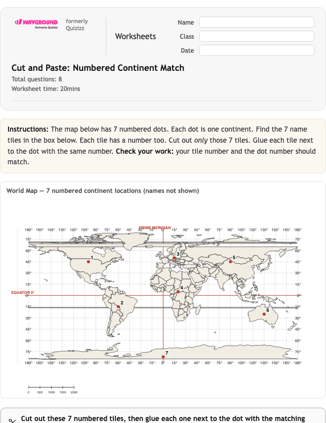 Cut and Paste: Numbered Continent Match - Nadający się do druku Benua Lembar-kerja Kelas 1 - Wayground