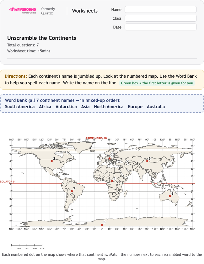 Unscramble the Continents - Nadający się do druku Benua Lembar-kerja Kelas 1 - Wayground