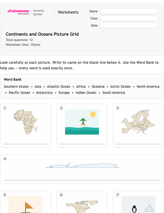 Continents and Oceans Picture Grid - Nadający się do druku Benua Lembar-kerja Kelas 1 - Wayground